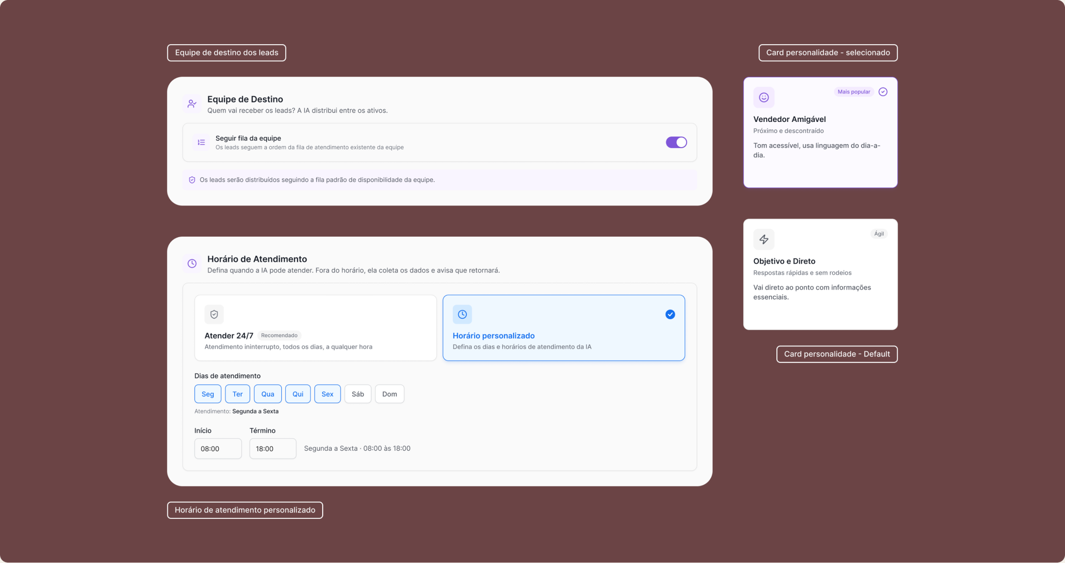 Key components: personality cards, the field about the dealership and the publish button states